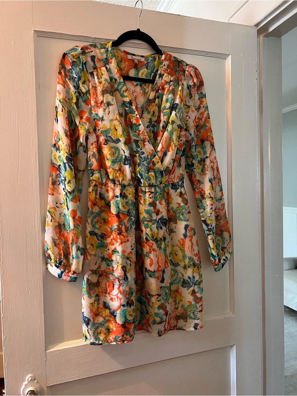 the clothing company Floral Long-Sleeve Wrap Dress in Orange, Blue, Yellow